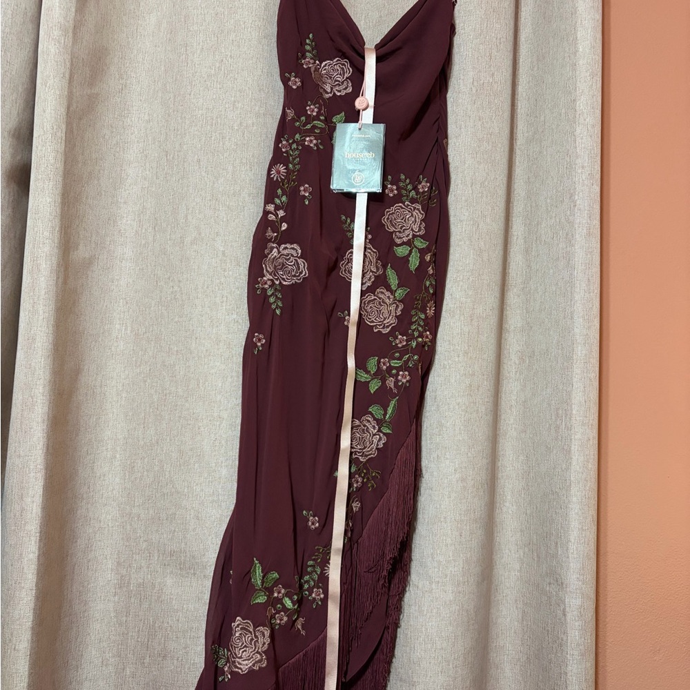 House of CB Burgundy Asymmetrical Dress with Floral Design-Eloisa - Picture 5 of 5